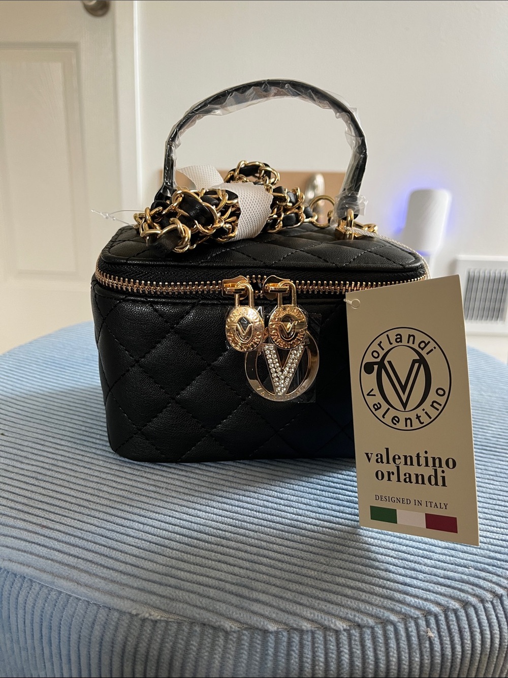 Valentino Orlandi Black Quilted Vanity Crossbody with Gold Hardware